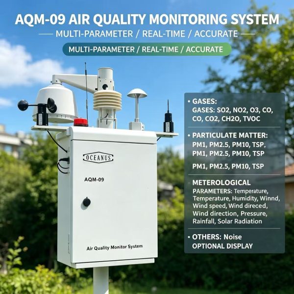 Монитор качества воздуха AQM-09, облачная передача данных по сети 4G, измеряет SO₂, NO₂, CO, ЛОС, PM2.5, общую взвешенную пыль (TSP), предназначен для контроля загрязнения на полигонах отходов, электростанциях, городских дорогах