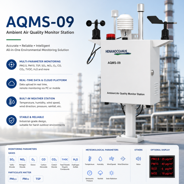 AQMS-09 Air Quality Monitoring Station PM2.5 PM10 TSP CO2 NO2 O3 CO TVOC Detector With Compensation for Roadside Monitoring